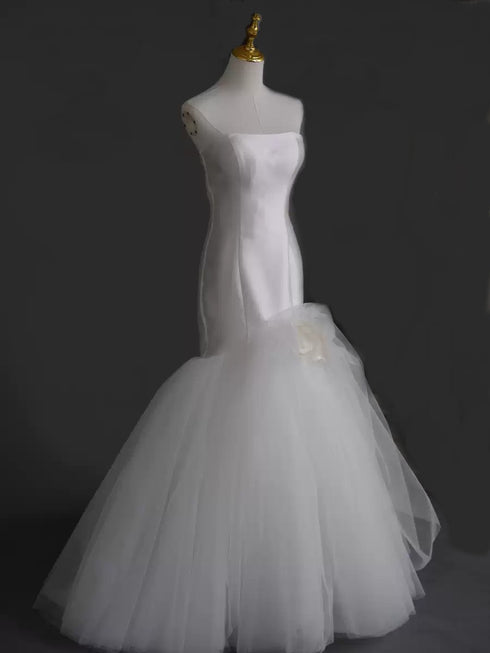 Tulle Mermaid Wedding Gown - Strapless Wedding Dress with Tulle Skirt - Satin Wedding Dress with Floral Detail Plus Size